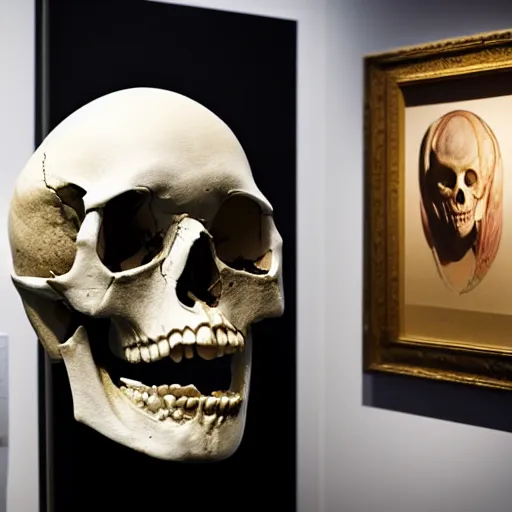 Prompt: A human skull in a museum exhibit with a picture of planet Earth next to it, alien language, science fiction