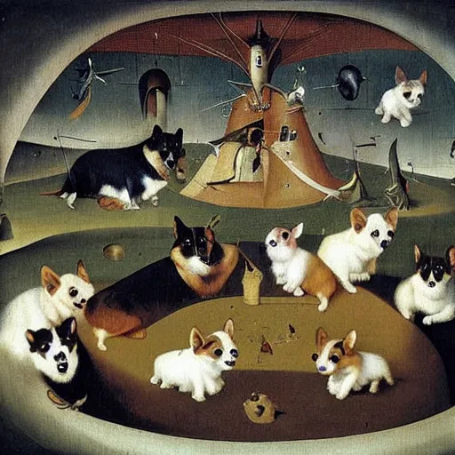 Image similar to highly detailed surreal painting of corgis by hieronymus bosch