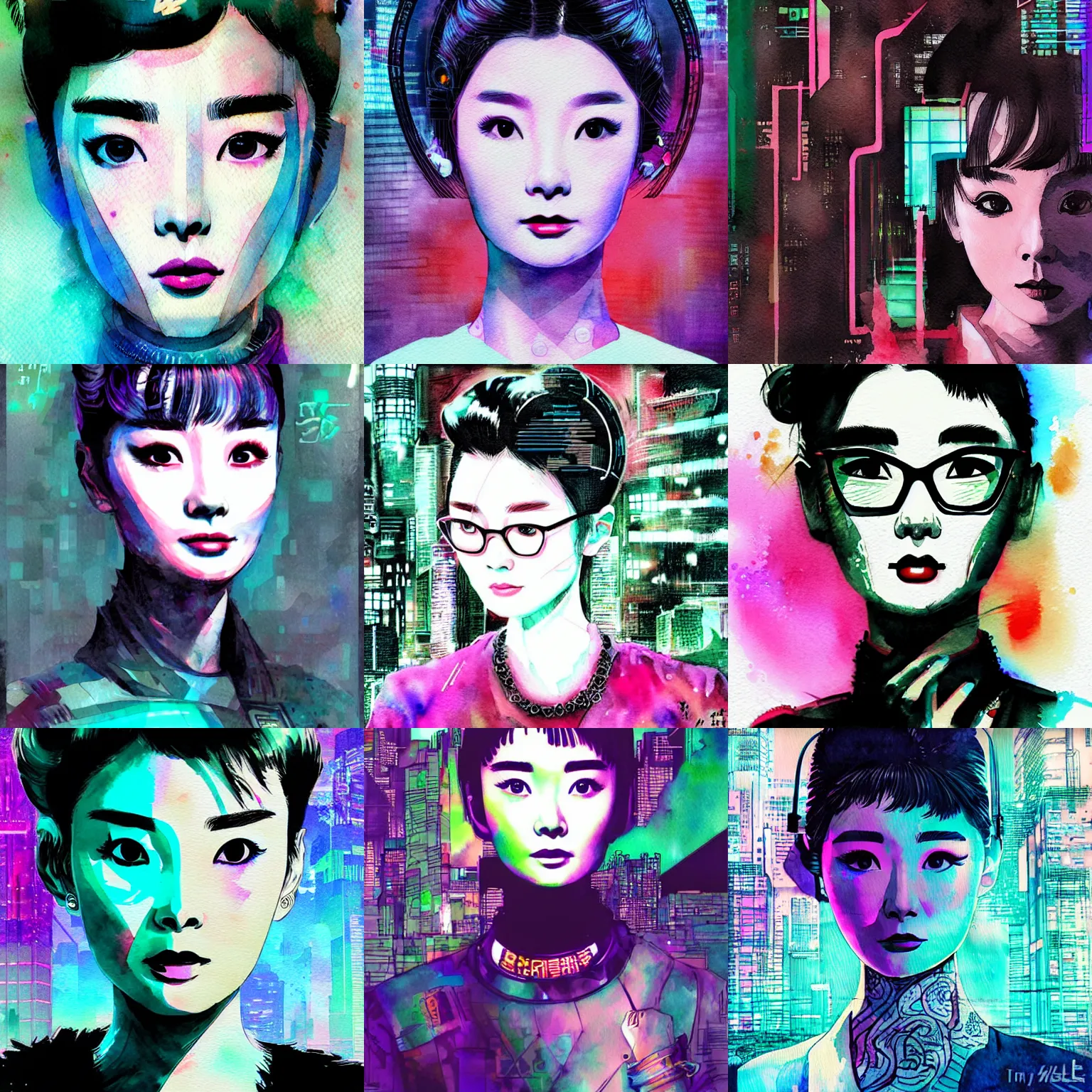 Prompt: korean audrey hepburn, intricate cyberpunk watercolor vaporwave portrait by tim doyle