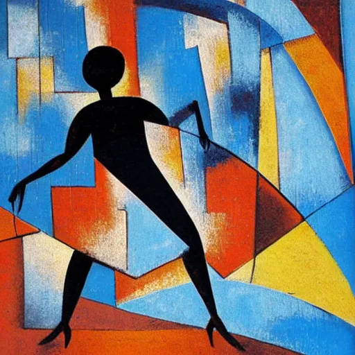 Image similar to woman dances furiously for rain in a drought parched landscape, abstract art in the style of cubism ,