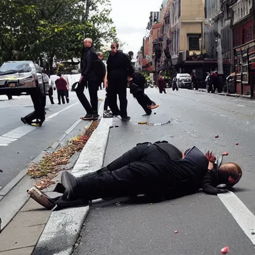 Prompt: 3 drunks fall over in the street