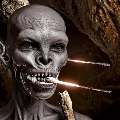 Image similar to an alien. angled jaw, snarling, omniverous layered teeth, nostrils on the forehead, smooth bioluminescent skin, hunter gatherer holding an obsidian spear, mid length portrait photograph, highly detailed, high contrast lighting