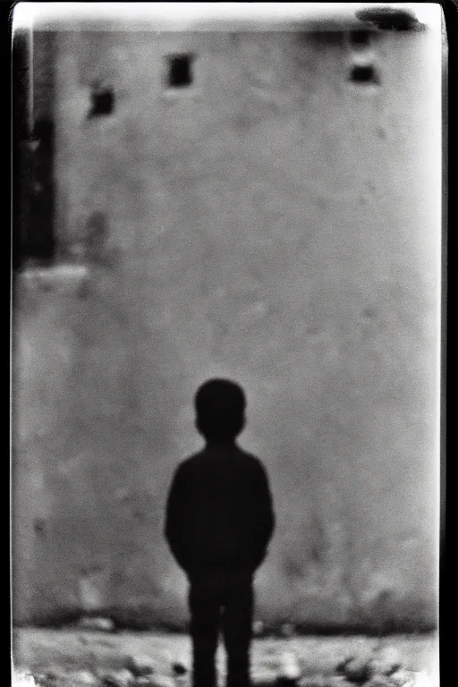 Prompt: photo polaroid of a sad and lonely child in a city devastated by bombs has a gun in his hand, loneliness,war, black and white ,photorealistic, 35mm film,