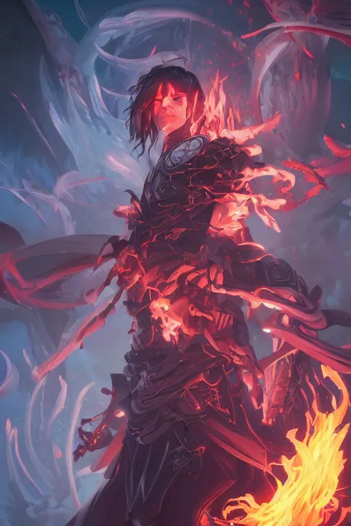 Prompt: necromancer with fire and thunder, attarctive face, anime key visual, highly detailed, sharp focus, concept art, league of legends, style by shumolly and monable and artgerm and greg rutkowski and jo chen and makoto shinkai and kyoto animation and alphonse mucha