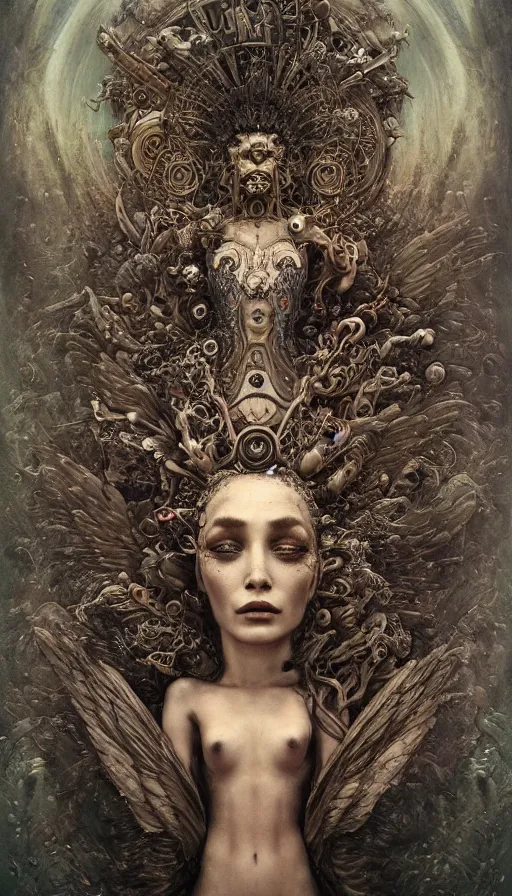Prompt: wet plate photography of goddess with one wing reaching infinity and hungry souls around surrealistic intricate face, broken parts by klimt, artificial nightmares drawn by peter mohrbacher, zdzisław beksinski and thu berchs james gurney unreal engine octane, trending on artstation.