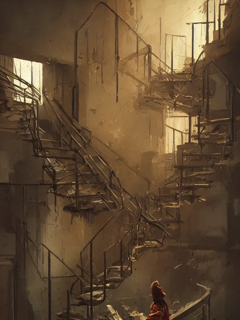 Image similar to down a basement staircase in a painting from stalenhag, 4 k, 8 k, hdr, artstation, concept art