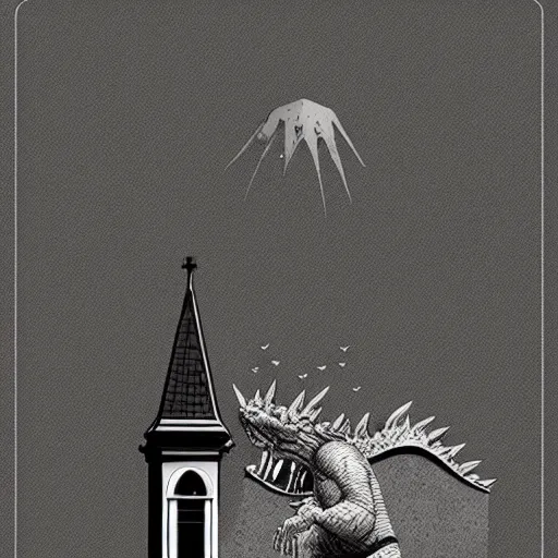 Image similar to godzilla sitting atop a church, eating a mushroom. Digital art.