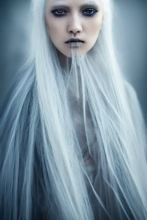 Prompt: beautiful girl with ice white hair wearing long futuristic highly detailed dark cloak designed by yohji yamamoto standing in a shadow of the soft light, soft muted colors, simple shapes, by tim berton, golden ratio, perfect composition, dramatic, medium close - up ( mcu ), cannon ef 6 5 mm f / 2. 8