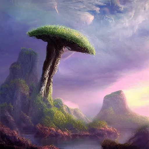 Image similar to digital art of a lush natural scene on an alien planet by dan volbert. beautiful landscape. weird vegetation. cliffs and water.