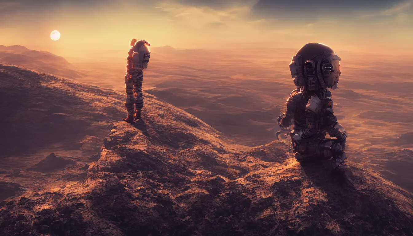 Image similar to lone cyberpunk astronaut sat on top of a mountain looking at the horizon of a unknown planet, close shot, sunset, cinematic, epic, dark scenario, 8k, award winning,