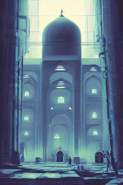 Image similar to painting of a mosque, cyberpunk style