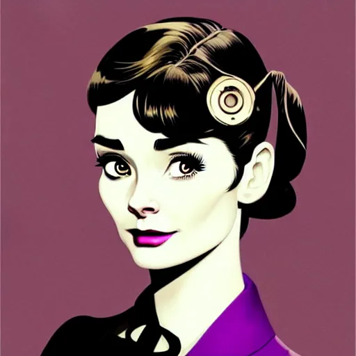 Prompt: in the style of joshua middleton, artgerm, beautiful audrey hepburn, steampunk, bioshock, elegant pose, middle shot, spooky, symmetrical face symmetrical eyes, three point lighting, detailed realistic eyes, short neck, purple and green top clothing, insanely detailed and intricate elegant