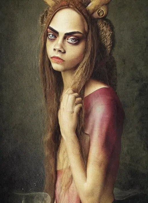 Prompt: cara delevingne as an Hieronymus Bosch painting, detailed digital art, trending on Artstation