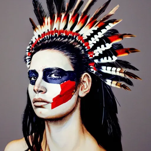 Image similar to a beautiful portrait sculpture designed by Sandra Chevrier, american indian headdress, American stars and stripes on face, by Annie Leibovitz