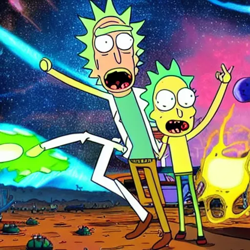 Prompt: rick and morty battle spongebob squarepants in space, galaxy, hd, explosions, gunfire, lasers, spatula, giant, epic, showdown, colorful