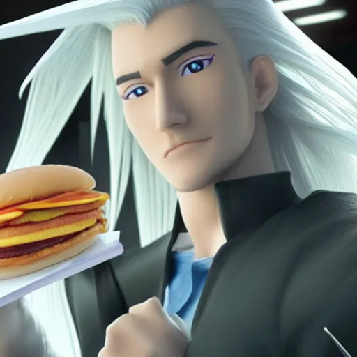 Image similar to Sephiroth eating a big mac in McDonald's, highly detailed, 4k 1080p, shot on iphone,