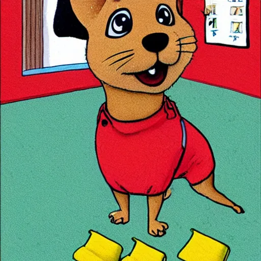 Prompt: a dog at the gym by richard scarry