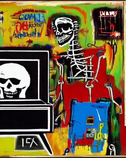 Prompt: oil neo expressionism painting of skull skeleton playing console video games infront of tv by basquiat and norman rockwell