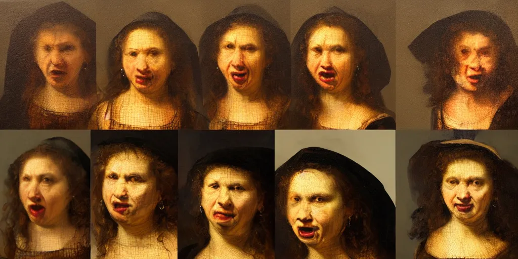 Prompt: a 4x3 grid of women with angry expressions, in the style of Rembrandt, head and shoulders, oil painting, dark background, perfect lighting, 8k, HD