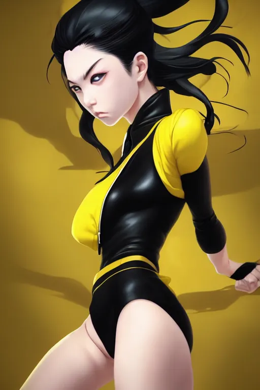 Prompt: black ponytail hair, pale woman in a black unzipped jacket and yellow bikini, yellow eyes, by artgerm, black backdrop, masterpiece, beautiful render, matte painting, realistic, fighting pose, dynamic angle, beautiful face, young half asian woman, by greg rutkowski makoto shinkai takashi takeuchi