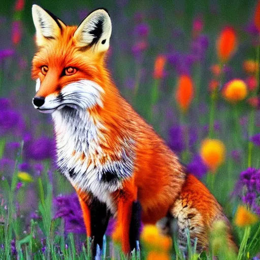 Image similar to a portrait of a fox in a field of beautiful flowers
