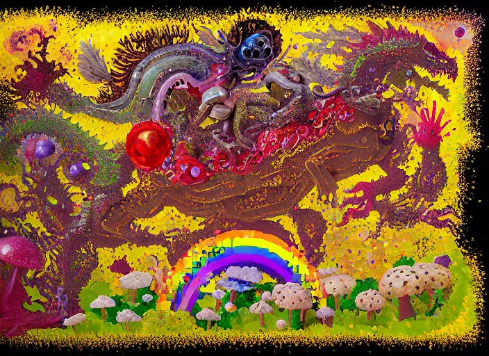 Image similar to pixel decollage painting golden armor alien zombie horseman riding on a crystal bone dragon broken rainbow diamond maggot horse in a blossoming meadow full of colorful mushrooms and golden foil toad blobs in a golden sunset, distant forest horizon, painted by Mark Rothko, Helen Frankenthaler, Danny Fox and Hilma af Klint, pixelated, neo expressionism, semi naive, pastel colors, cinematic, color field painting, cave painting, voxel, pop art look, outsider art, minimalistic. Bill Traylor painting, part by Philip Guston and Francis Bacon. art by Adrian Ghenie, very coherent symmetrical artwork, cinematic, hyper realism, high detail, octane render, unreal engine, Smooth gradients, depth of field, full body character drawing, extremely detailed, 8k, extreme detail, intricate detail, masterpiece