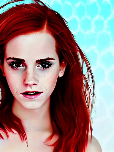 Image similar to highly detailed Red-haired beauty Emma Watson in a bikini , mid-shot ,pixiv , digital Art