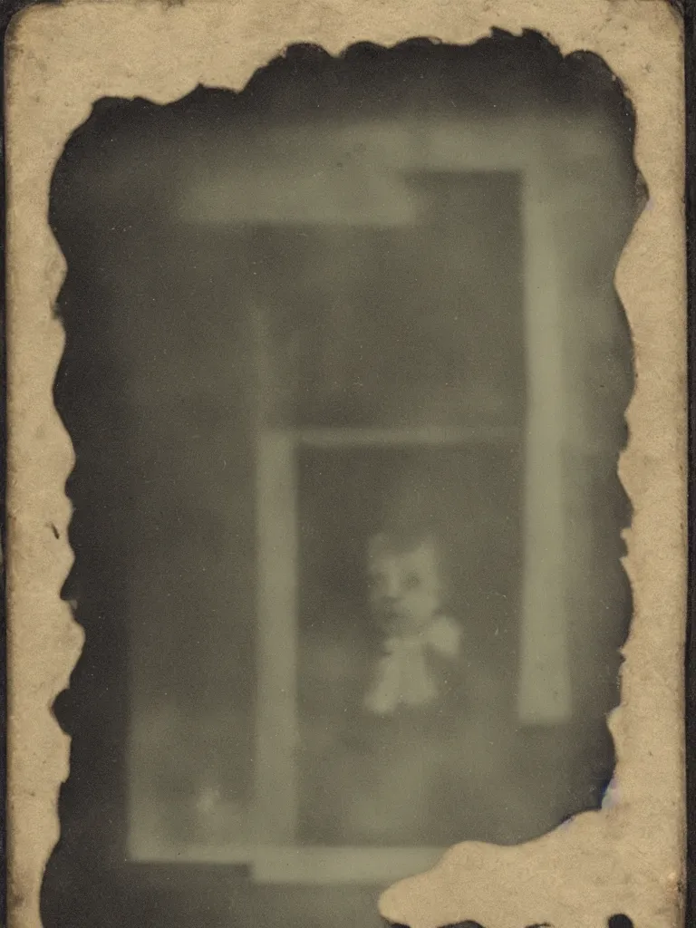 Image similar to a tintype photograph. the face of a ghost in the window of a house, next to the front door