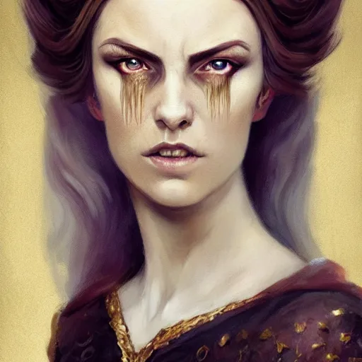 Prompt: a detailed matte head - on portrait painting of an middle - aged half - tiefling noblewoman with golden eyes and short well kept hair, by charlie bowater, lise deharme, wlop, tending on arstation, dungeons and dragon, dnd, pathfinder, fanart, oil on canvas