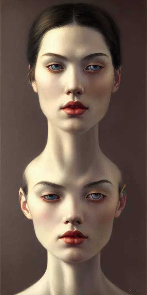 Image similar to very very beautiful portrait photo of chthonic AI face, Perfect face, extremely high details, realistic, by Edward Hopper, Tom Bagshaw , Rene Margitte