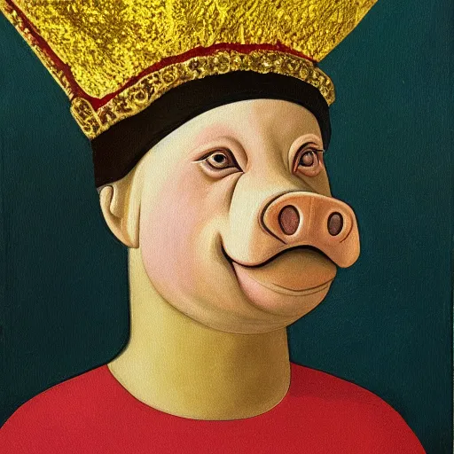 Image similar to a painting of pig wearing a gold crown, by Grant Wood