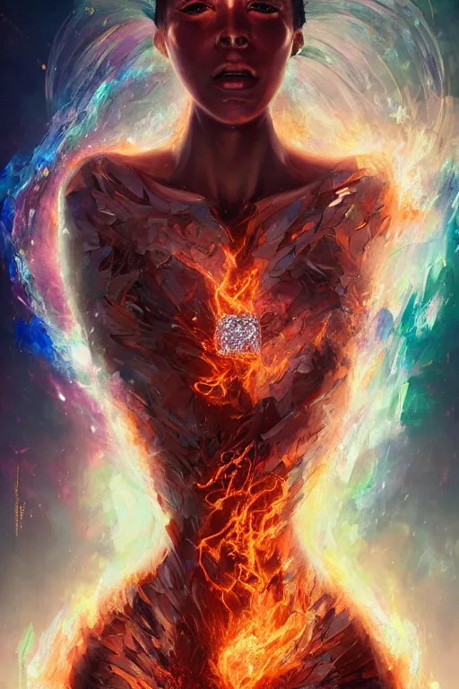 Image similar to torso closeup model wearing exploding fire crystal dress, sorcerer, diamonds, angel, fantasy, dramatic lighting, highly detailed, digital painting, holding electricity, magic the gathering, hyper detailed, 3 d render, hyper realistic detailed portrait, peter mohrbacher, wlop, ruan jia