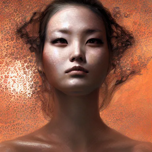 Prompt: a portrait of a beautiful model girl, in the style of kin kagetsu, wlop, chuck close, high detail, hyperrealistic photographic, soft high key lighting, intricate concept art, marc simonetti,
