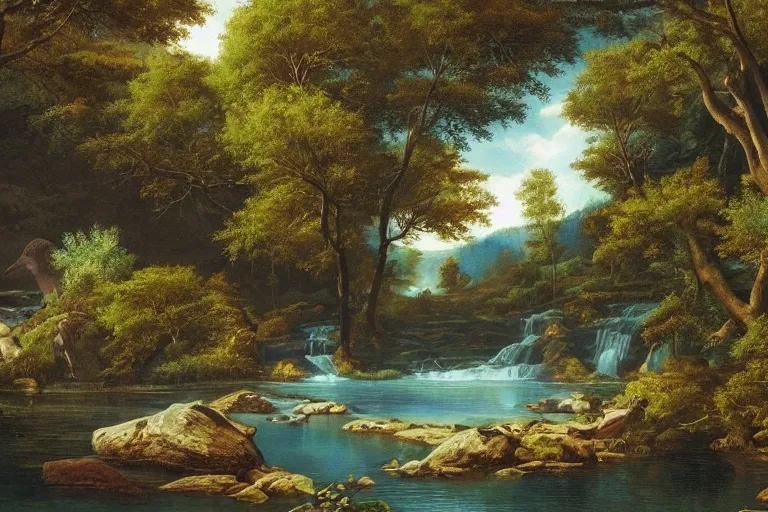 Prompt: a beautiful scene of a serene lake surrounded by trees, waterfalls flowing in between the trees, birds flying above, detailed realistic art