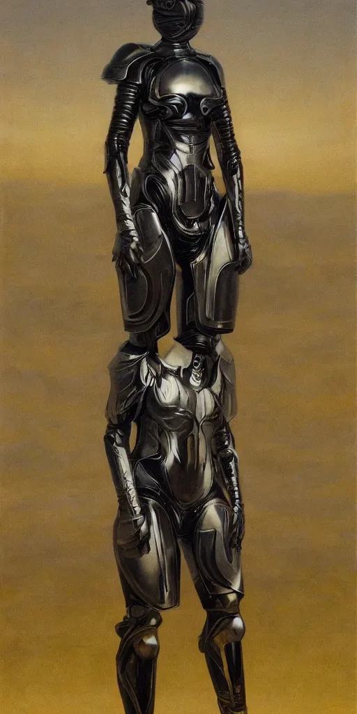 Image similar to full body portrait of beautiful gothic and futuristic fashion model, open space armour, cyber armour, highly detailed, artstation, illustration, composition, 8 k quality, art by jean delville, rene magritte, hyperrealism oil painting