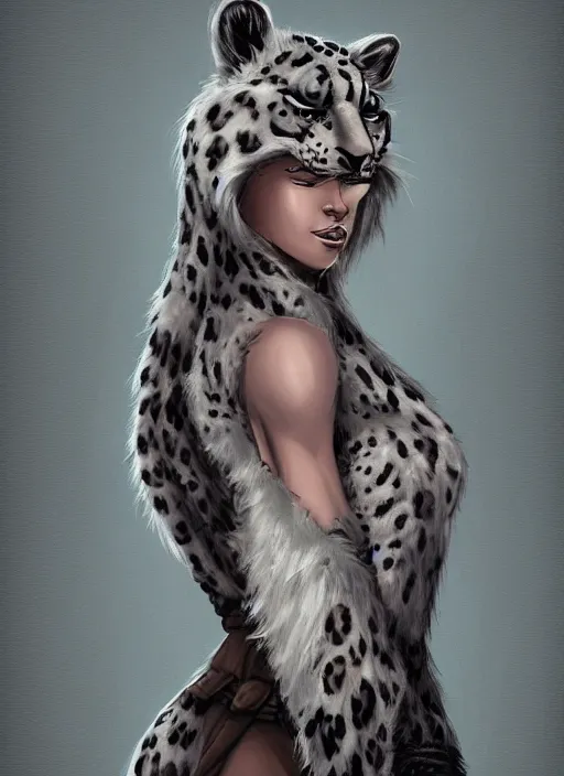 Image similar to Snow Leopard Woman, digital art, trending on Artstation