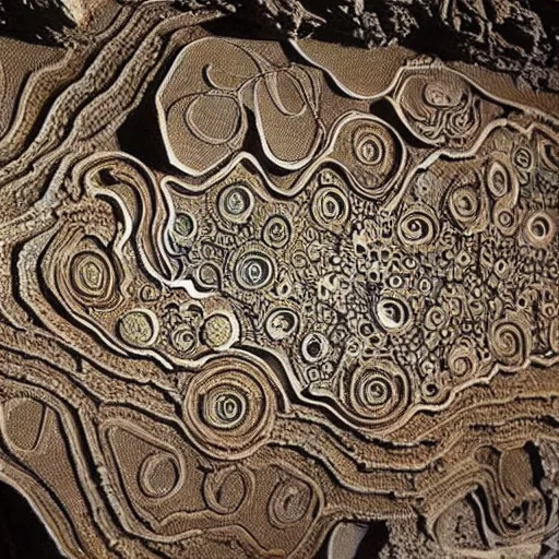 Prompt: art found in a cave on an alien planet, unique shapes, strange geometric patterns, strange animals, intricate details, cartographic,