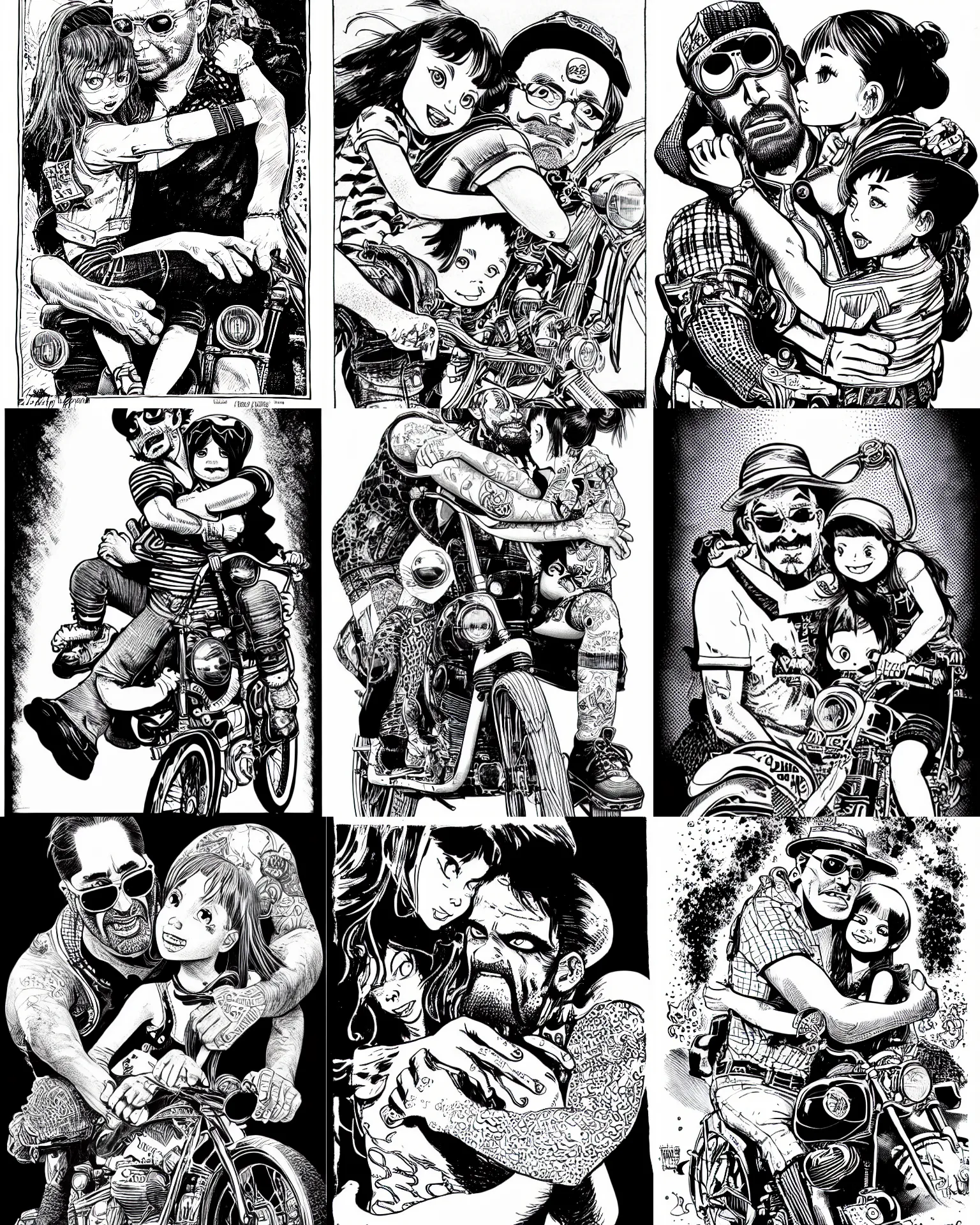 Prompt: highly detailed ink illustration of a loving biker father hugging his 6 year old daughter, b & w clean shaped illustration by will eisner, ric estrada, ron english and eiichiro oda