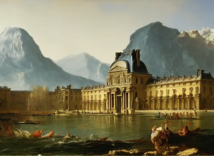 Image similar to painting of the louvre museum in front of beautiful mountains by thomas cole