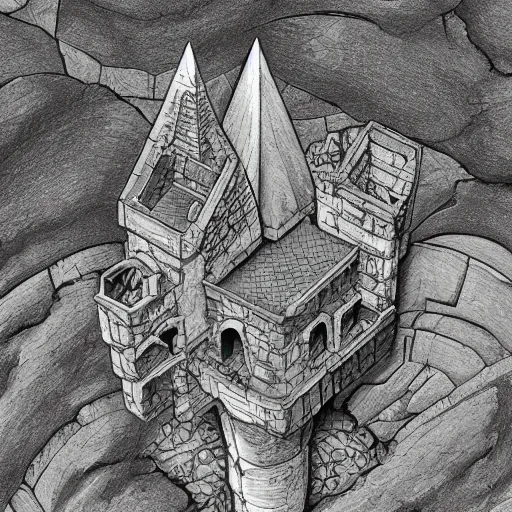 Image similar to Aerial view of a wizard tower next to a few mines and a few caves, lineart, colored