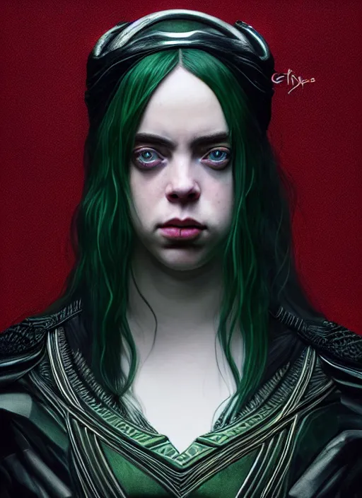 Prompt: met gala Billie Eilish as female loki by, hyper detail, hyper realistic, octane render, noir, gorgeous symmetrical face, elegant, intricate, studio lighting, by Greg rutkowski