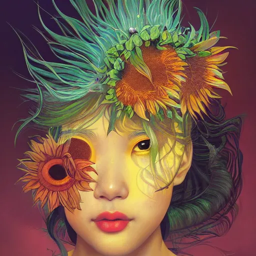 Image similar to East-asian sunflower queen, colorful, surreal, dramatic lighting, face, detailed, intricate, elegant, highly detailed, digital painting, artstation, concept art, smooth, sharp focus, illustration, art by Sam Spratt, Dan Mumford, Artem Demura and Alphonse Mucha