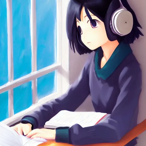 Image similar to Anime painting of a black haired girl wearing headphones while studying in her warm cozy home, behind her a cold window, by makoto shinkai, relaxed, calm, trending on artstation, kimi no na wa