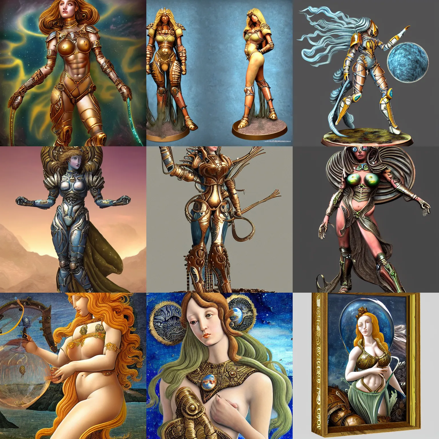 Image similar to venus goddess in ancient alien planet sci-fi armor, in the style of sandro botticelli, stylized, highly detailed, trending on artstation, award winning, painted warhammer miniature