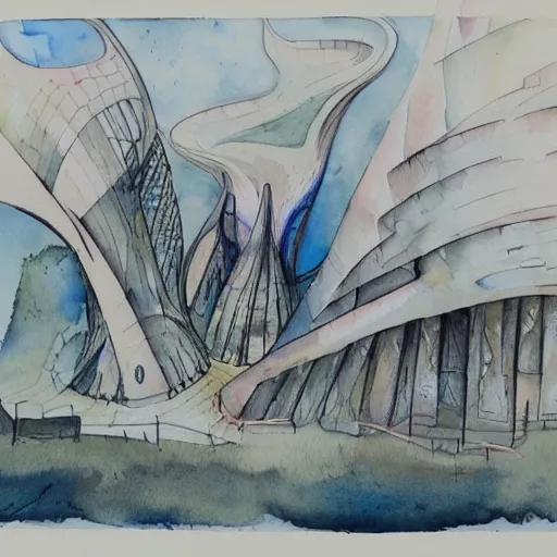 Prompt: a beautiful watercolor and ink sketch of biomorphic architecture