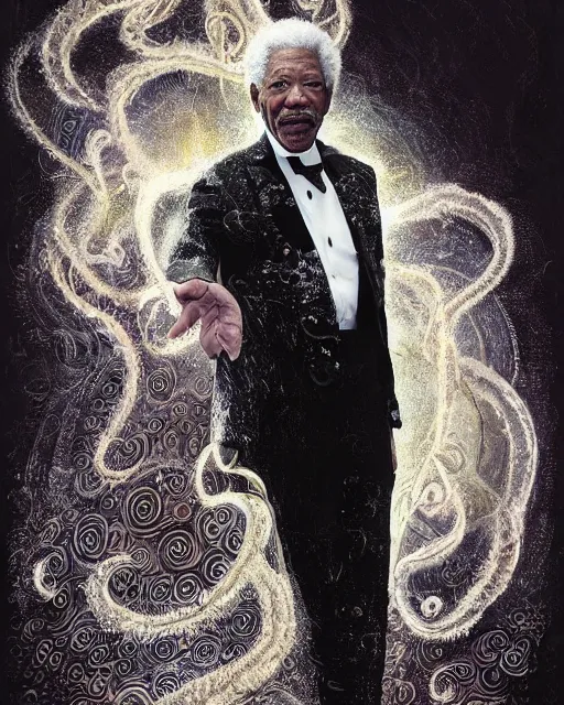 Prompt: a highly detailed portrait of Morgan Freeman as a devious male magician radiating a powerful energy aura, ornate back tuxedo, wispy tendrils of smoke, swirling vortex of energy, performance art, intricate, digital painting, old english, raining, sepia, particles floating, whimsical background by marc simonetti, art by artgerm and greg rutkowski and alphonse mucha