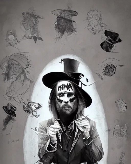 Image similar to tom petty as the mad hatter, contrast, kim jung gi, greg rutkowski, zabrocki, karlkka, jayison devadas, trending on artstation, 8 k, ultra wide angle, zenith view, pincushion lens effect