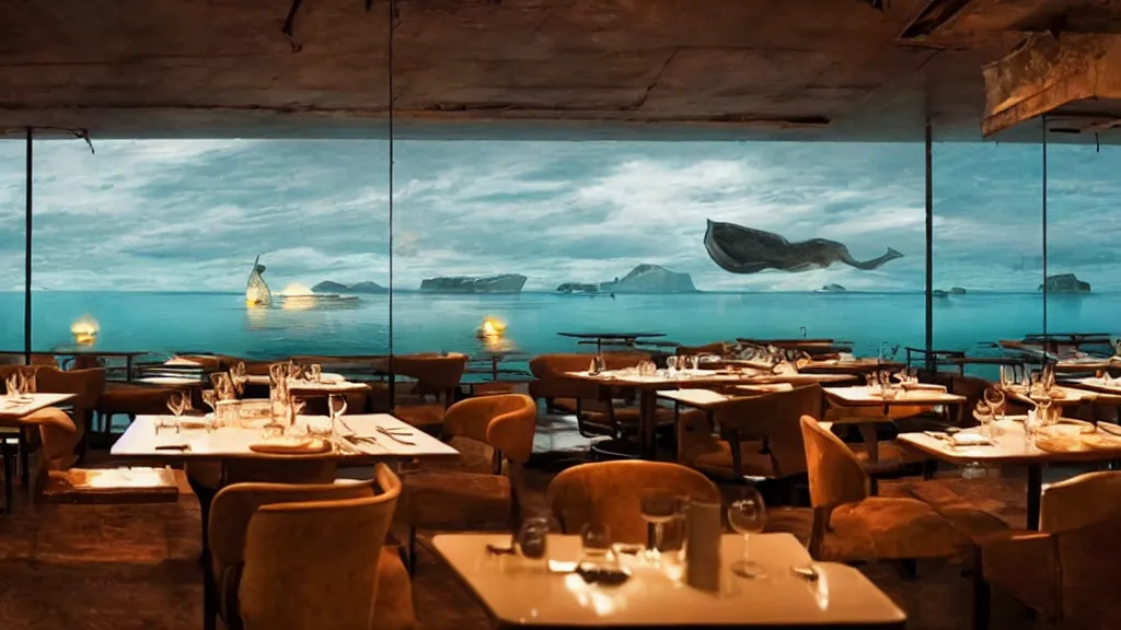 Prompt: restaurant where it looks like your walking on water, film still from the movie directed by Denis Villeneuve with art direction by Salvador Dalí, wide lens