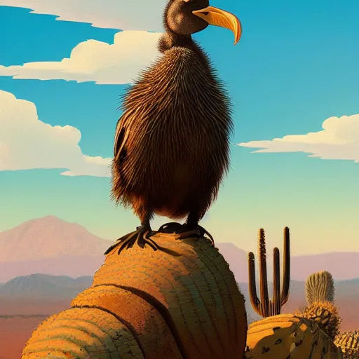 Prompt: A Dodo bird perched atop a Saguaro cactus in the desert, digital art, trending on Artstation, high detail, sharp focus, illustration, art by artgerm and greg rutkowski and alphonse mucha.