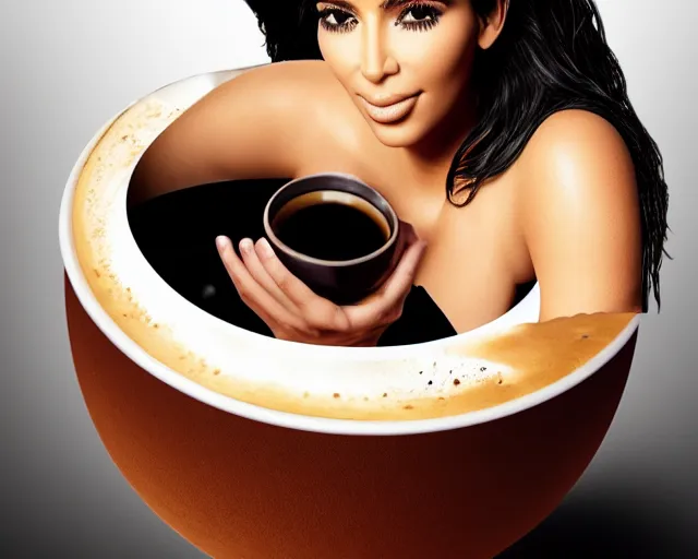 Prompt: Kim Kardashian inside a giant cup of coffee, cinematic, highly detailed, HD, 4K, professional image, professional lighting